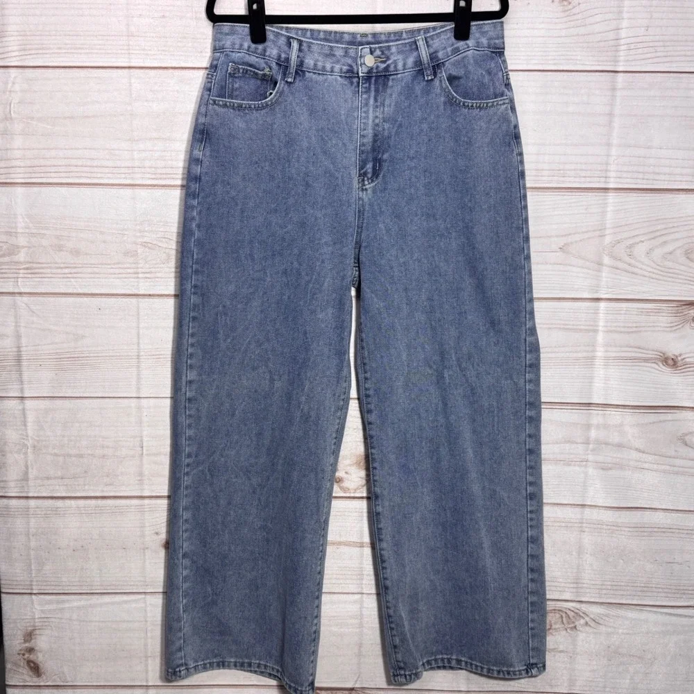 Romwe Womens XL Wide Leg Jeans Medium Wash Red Gothic Back Embroidery Y2K Style